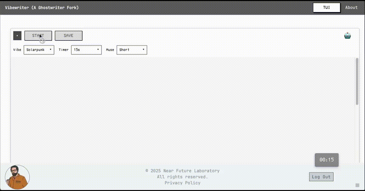 An animated GIF of the Vibewriter TUI interface, highlighting the unique interaction design.
