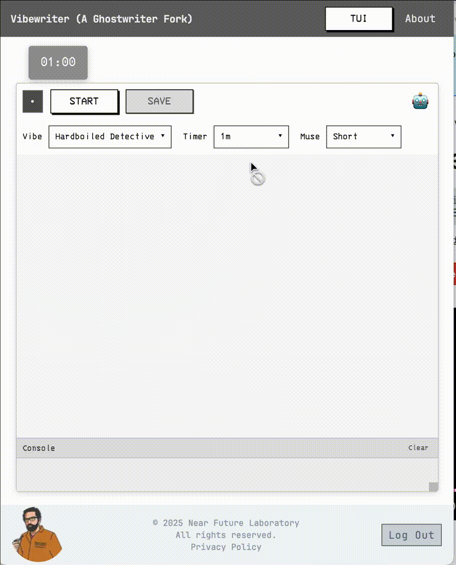 An animated GIF of the Vibewriter web edition interface, showcasing the interactive writing experience with AI.